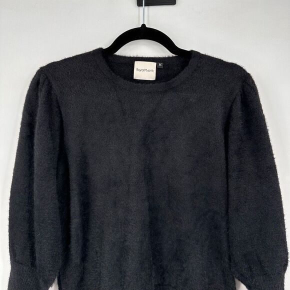 ModCloth Royal Monk Black Fuzzy Soft Puff Balloon Sleeve Pullover Sweater Medium - Picture 2 of 10